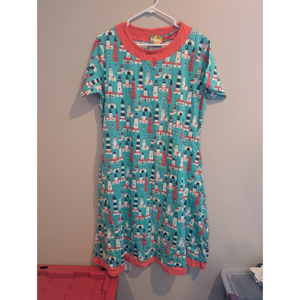 Svaha XL Womens Shift Dress Summer Organic Cotton Lighthouse AOP Print Beach